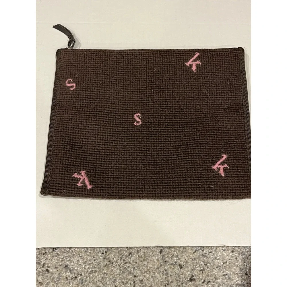 Kate Spade Brown Needlepoint Initial Bag Cosmetic Case Pouch‎ Vintage